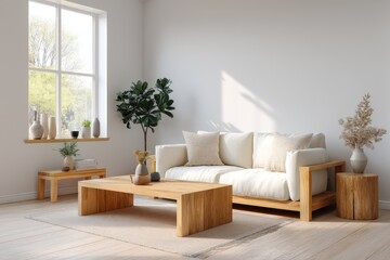 Light-filled living room with a wooden sofa and coffee table.
