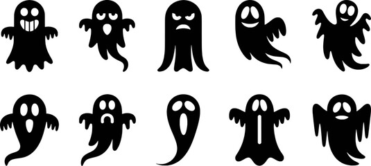 Ten spooky black ghosts halloween clipart set