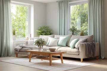Light-filled living room with a sectional sofa and wooden coffee table.