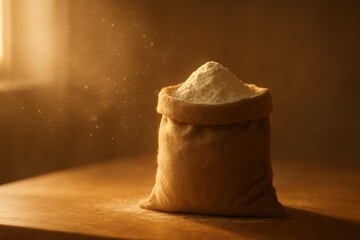 Sunlit flour sack in warm rustic setting for culinary and baking themes