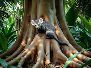 Detailed Illustrative Coati on Giant Tree Root in Tropical Setting Artwork