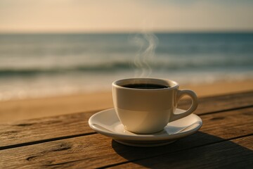 Tranquil morning coffee by the sea with serene ocean view