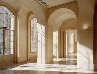 Light Filled Beige Hallway With Arches