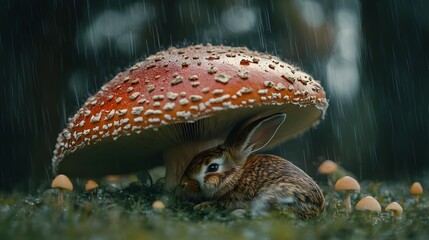 A sleepy rabbit lying under a large mushroom during a gentle rain