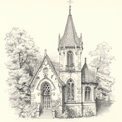 Fototapeta premium A pencil sketch depicts a gothic chapel nestled amongst trees.