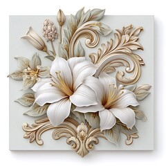 Elegant white floral 3D embossed artwork with blooming petals and detailed leaves high resolution wallpaper