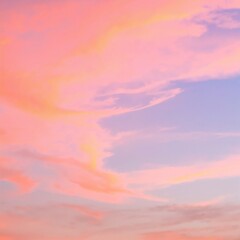 A serene pink sky at dusk, adorned with fluffy white clouds gently illuminated by the fading sunlight, creating a dreamy and tranquil atmosphere.