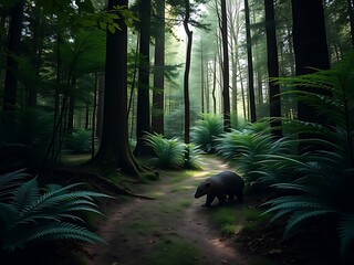 Serene Dark Forest with Light Glimmering Through Trees and Walking Animal