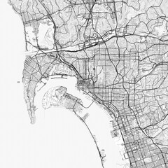 San Diego Area Map with Labels and Neighborhoods - One color, minimalistic design