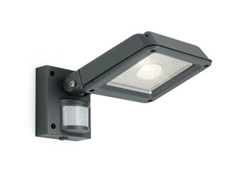 Gray outdoor wall-mounted security light with adjustable head and motion sensor
