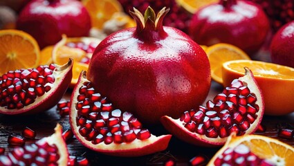 Red pomegranate surrounded by orange slices with seeds and segments visible.