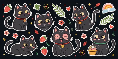 Fototapeta premium Cute Black Cats and Summer Stickers Whimsical Cartoon Kitties on Dark Background, stickers , cartoon