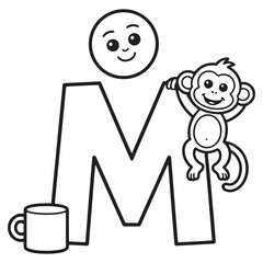 Alphabet Letter M with Monkey and Mug &ndash; Fun Jungle and Kitchen Combo Cartoon Line Art Alphabet Page for Preschoolers