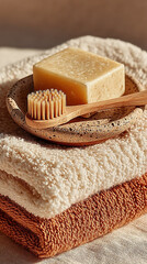 A natural soap, brush, and towels, create a serene spa setting with warm and inviting tones.