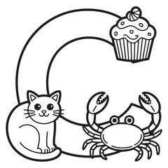 letter C, cat, cupcake, crab, alphabet, cartoon, line art, kids, fun, learning, educational, early literacy, doodle, outlined, coloring page, cute, children, letter tracing, classroom, preschool, 