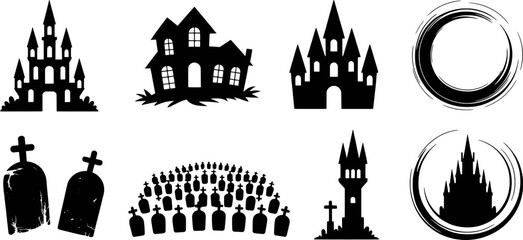 Halloween silhouettes castles houses graves icons