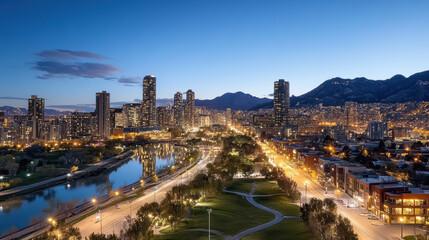 Fototapeta premium Aerial night skyline showcasing illuminated buildings and river, creating serene atmosphere