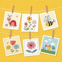 Cute Hanging Art Prints Insect, Flowers and House on Yellow Polka Dots, illustration ,artwork