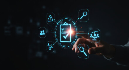 Virtual quality checklist: An adult hand interacts with digital compliance and assessment, enhancing search capabilities and promoting accountability in virtual processes.