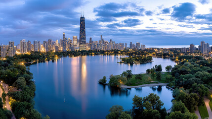 Naklejka premium Aerial view of city skyline dusk, surrounded by serene lake and lush greenery. scene captures
