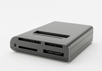 Gray retro gaming device, side view.  Multiple ports visible