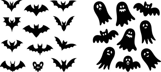 Halloween bats ghosts spooky cute cartoon black silhouettes