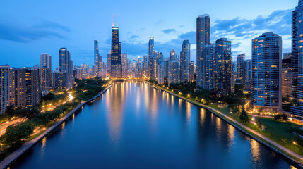 Fototapeta premium Aerial view of urban skyline with riverside reflection, showcasing vibrant city lights at dusk