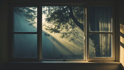 A tree shadow is shining on the window with sunlight streaming through.