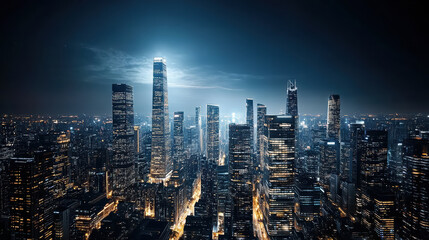 Fototapeta premium City skyline night with glowing skyscrapers and illuminated buildings creating vibrant