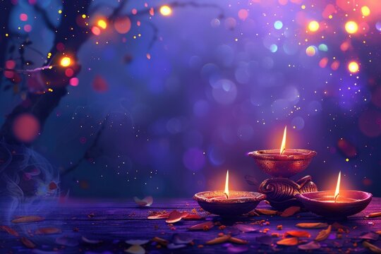 illustation of Diwali festival of lights tradition Diya oil lamps against dark background A traditional Indian art of decorating the entrance to a house. Diwali festival holiday design