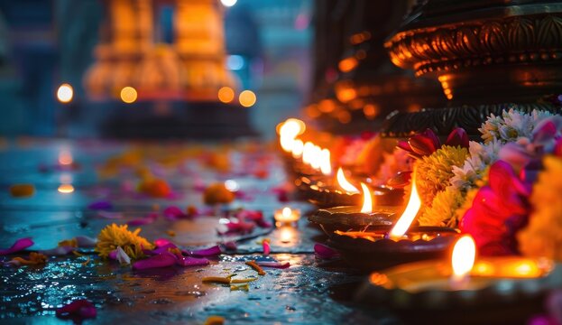 Traditional Diwali Celebration with Illuminated Oil Lamps and Colorful Flower Petals at Night happy diwali background 