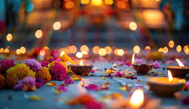 Traditional Diwali Celebration with Illuminated Oil Lamps and Colorful Flower Petals at Night happy diwali background 