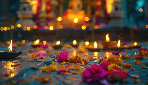 Traditional Diwali Celebration with Illuminated Oil Lamps and Colorful Flower Petals at Night happy diwali background 