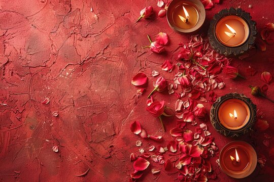 Colorful Happy Diwali festival backdrop with bokeh lights, oil lamp, flower on red background Diwali composition on light background with Diwali decorations