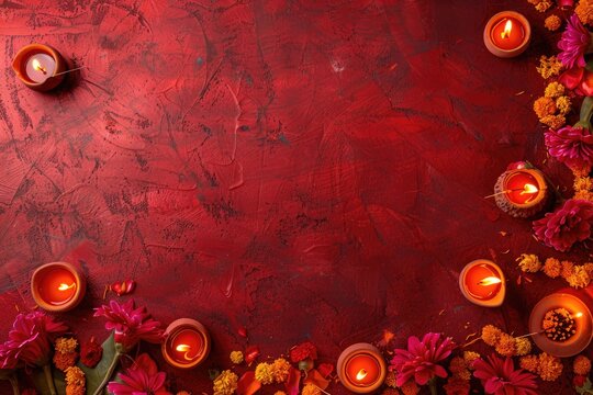 Colorful Happy Diwali festival backdrop with bokeh lights, oil lamp, flower on red background Diwali composition on light background with Diwali decorations