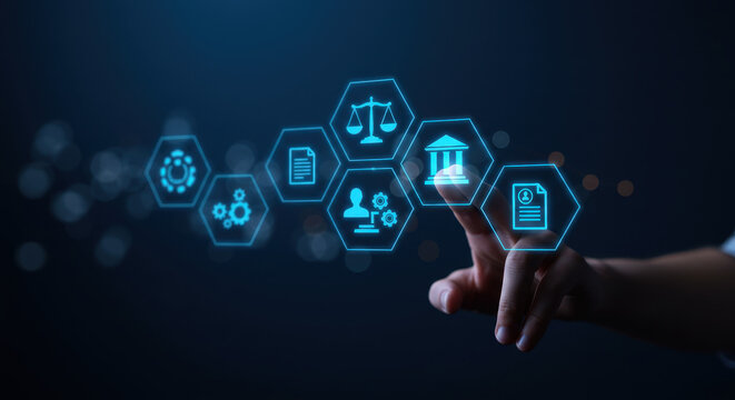 Legal Compliance & Business Regulations: Modern digital touchpoint interface to data privacy, regulations, security with icons like justice scales, bank building, file management & compliance