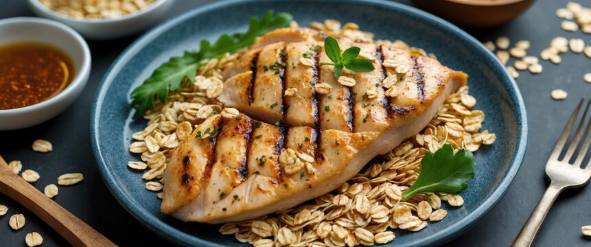 Grilled Chicken Fillet With Oats. Healthy Diet Food. With Empty Copy Space For Text