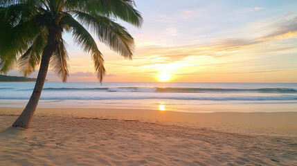 Fototapeta premium Serene beach scene featuring palm tree silhouetted against vibrant sunset sky, with gentle waves
