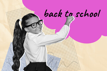 Sketch image trend artwork photo collage of knowledge courses classroom college autumn young girl smile eyewear hand write back to school
