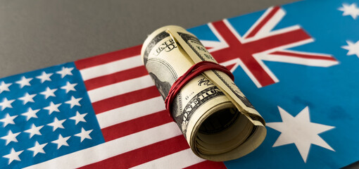 USD with the American flag arranged as a border with copy space, foreign exchange and currencies