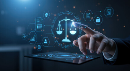Justice concept: Business man tapping digital balance scales on tablet symbolizing legal technology and online regulations.