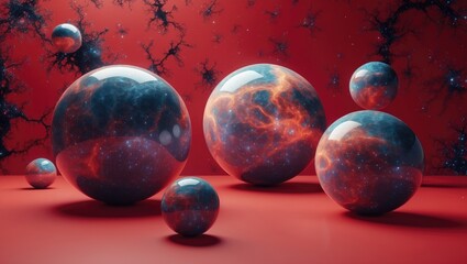 Abstract Cosmic Spheres on Red Background with Empty Space for Text