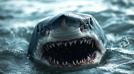Naklejka premium Shark emerges from ocean water displaying sharp teeth in a dramatic underwater moment
