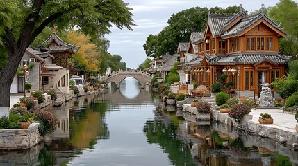 Obraz premium Traditional chinese water town architecture with curved stone bridge and classic wooden houses high resolution picture