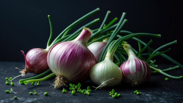 Allium sepa. Onion bulb with green sprouts on a black background. Home garden. Perennial herb, family Alliaceae. Popular vegetable culture.