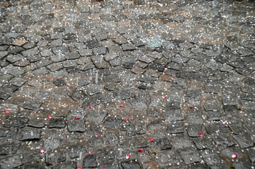 Hail storm in the city. Huge hailstone with heavy rainfall on the street. Thunderstorm. A lot of...