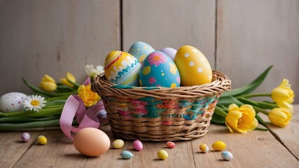 Easter Basket with Colorful Eggs and Spring Flowers on Yellow Background

