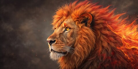 Fototapeta premium Fiery Lion Portrait Majestic Profile with Burning Mane, animal ,lion face
