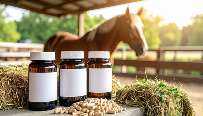 Bottles of equine supplements placed on a table with hay and a horse in the background under natural light