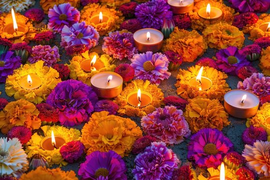 Vibrant Diwali Celebration: Abstract Diya Oil Lamps and Colorful Rangoli Floral Designs. Traditional Indian Festival Decorations on White Background for Deepavali Greetings, Cultural Marketing